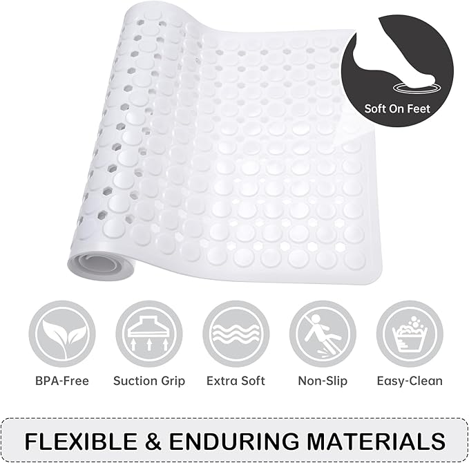 Linoows Non-Slip Bathtub and Shower Mats, Power Grip Bath Mat 35 x 16.3 Inch with Suction Cups and Drain Holes for Tub Bathroom Floor Safety, Machine Washable Soft Bathmat, White