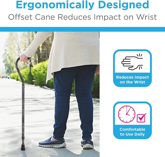 Nova Joy Designer Offset Walking Cane for Seniors - Unisex Adjustable Lightweight Aid with Foam Handle, Wrist Strap and Anti-Rattle Lock - Essential Mobility Support - Leopard
