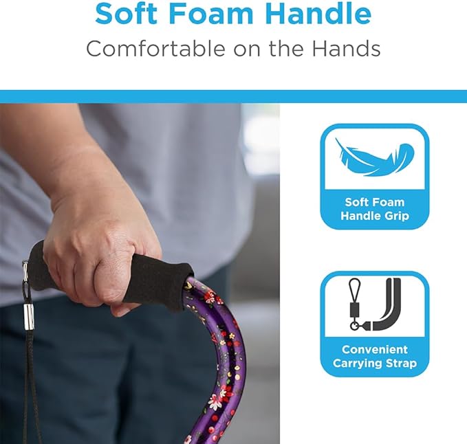 Nova Joy Designer Offset Walking Cane for Seniors - Unisex Adjustable Lightweight Aid with Foam Handle, Wrist Strap and Anti-Rattle Lock - Essential Mobility Support - Purple Bliss