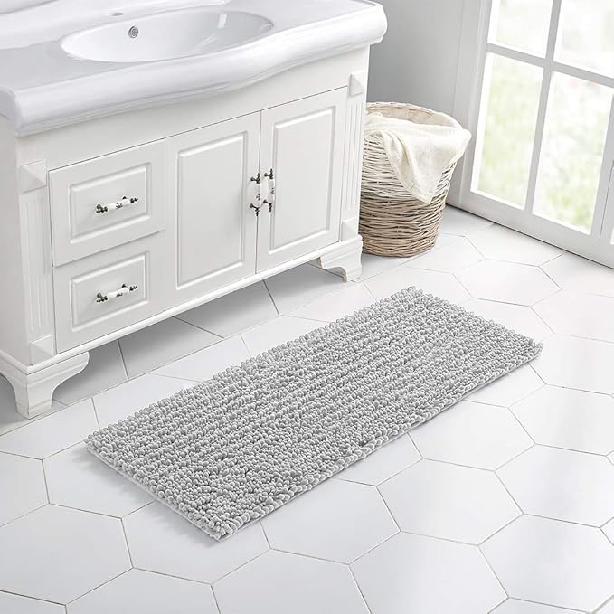 Walensee Large Bathroom Rug Non Slip Bath Mat (24x60 Inch Light Grey) Water Absorbent Super Soft Shaggy Chenille Machine Washable Dry Extra Thick Perfect Absorbant Best Plush Carpet for Shower Floor