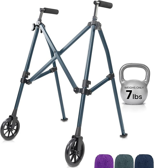Vive Lightweight Folding Walker for Seniors - Narrow Foldable Rolling Walker for Small Spaces- Compact & Collapsible for Travel - with Wheels, Mobility Support, Portable- Weighs Only 7 Pounds
