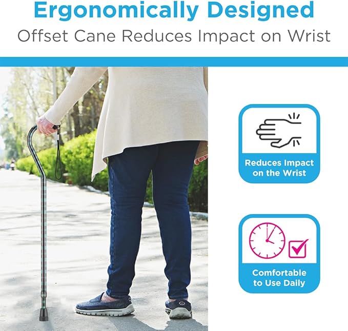 Nova Joy Designer Offset Walking Cane for Seniors - Unisex Adjustable Lightweight Aid with Foam Handle, Wrist Strap and Anti-Rattle Lock - Essential Mobility Support - Green Plaid