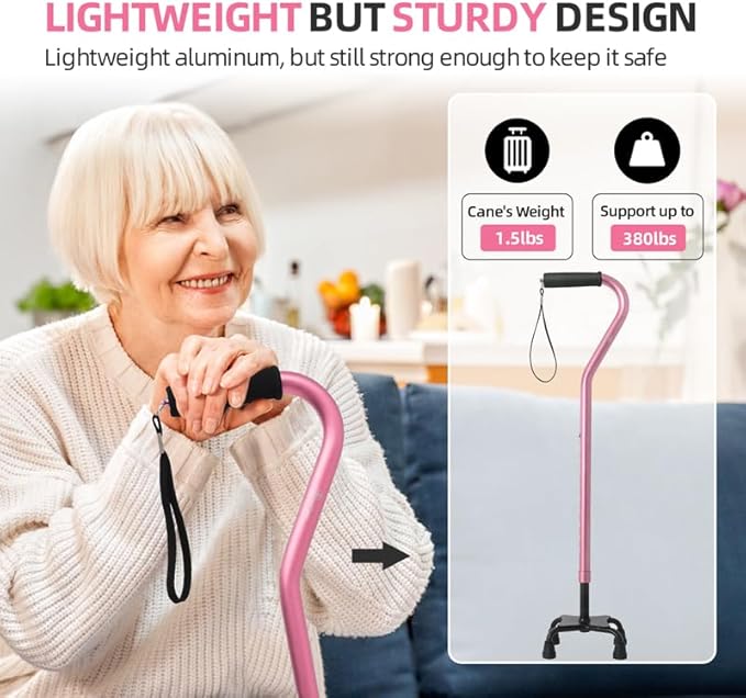 BeneCane Quad Cane Adjustable Walking Cane with Offset Soft Cushioned Handle for Men & Women Lightweight Comfortable with 4-Pronged feet for Extra Stability