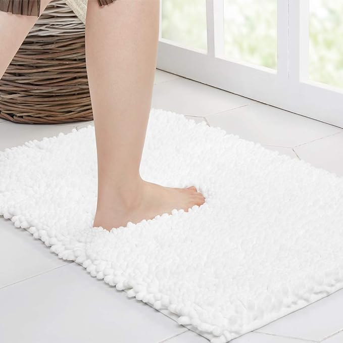 Walensee Large Bathroom Rug Non Slip Bath Mat (72x24 Inch White) Water Absorbent Super Soft Shaggy Chenille Machine Washable Dry Extra Thick Perfect Absorbant Best Plush Carpet for Shower Floor