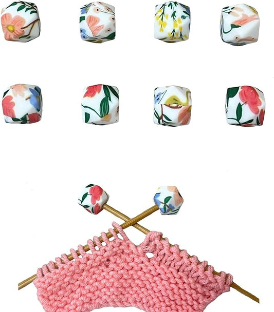 SPANSEE 8 PCS Tropical Hexagon Print Knitting Needle Holders, Stitch Stoppers, Knitting Needle Point Protectors, Knitting Accessories fit Size 2.5-13 (3mm-9mm) Needles