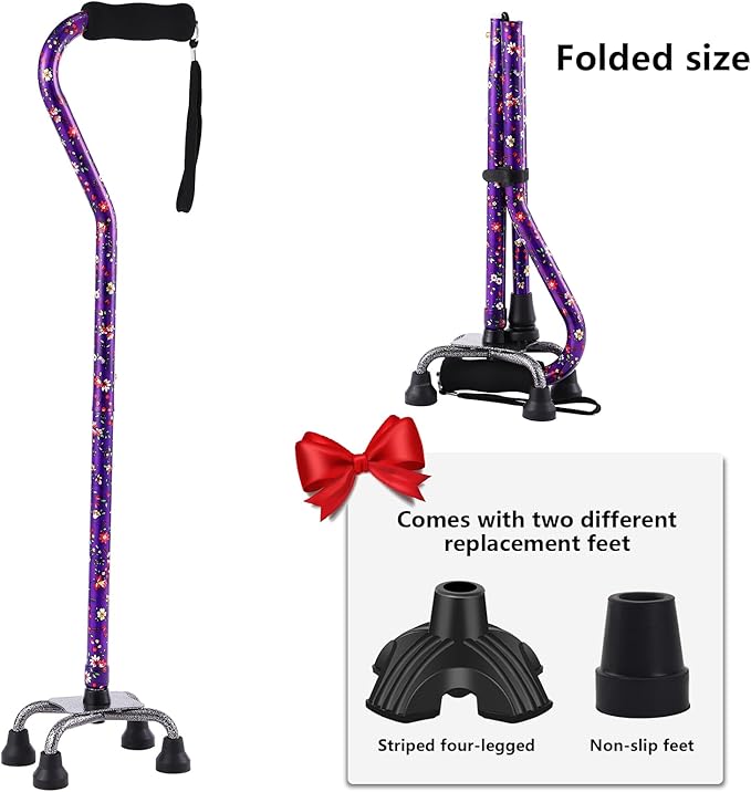 Walking Cane for Women & Men, Adjustable Quad Cane with 4-Prong Base for Stability and Balance, Folding Aluminum Walking Stick for Seniors