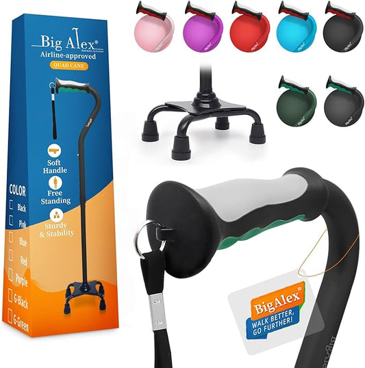 BigAlex Quad Cane, Foldable Adjustable Walking Cane for Men & Women with Stable 4-Pronged Base for Extra Stability & Balance, Heavy Duty, Lightweight, Soft Offset Handle Stick for Seniors & Elderly