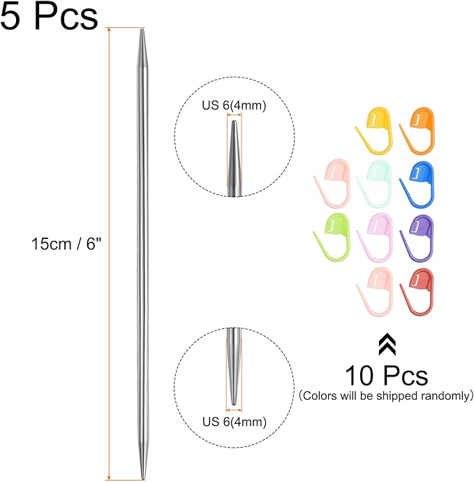 uxcell 5Pcs Knitting Needle Size US 6(4mm) 6 Inches (15cm) Length Stainless Steel Double Pointed Sweater Stitching Needles with 10 Colorful Stitch Markers for Handmade Projects DIY
