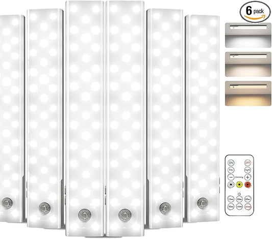EZVALO 6-Pack Under Cabinet Lighting, 2000mAh Rechargeable Wireless Motion Sensor Lights, 62LEDs, 3 Color Temps, Dimmable, Timer, Magnetic, with Remote Control for Kitchen, Closet, Stair