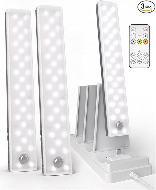 EZVALO 3-Pack Under Cabinet Lighting with Charging Station, 2000mAh Rechargeable Wireless Motion Sensor Lights, 3 Color Temps, Dimmable, Timer, Magnetic, with Remote Control for Kitchen, Closet
