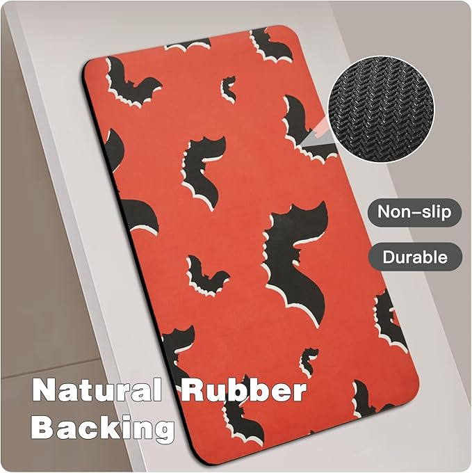 Halloween Bath Mat, Thin Halloween Bathroom Rug Non Slip Quick Dry Bat Bath Mat Fits Under Door Thin Floor Mat Halloween Decor, 24''x36'', Gothic Bats Orange