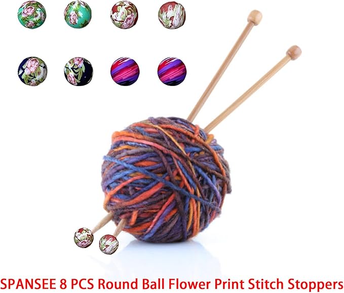 SPANSEE 8 PCS Round Ball Flower Print Stitch Stoppers, Knitting Needle Point Protectors, Stitch Holders for Knitting, Knitting Needle Caps, Knitting Supplies fit Size 2.5-13 (3mm-9mm) Needles