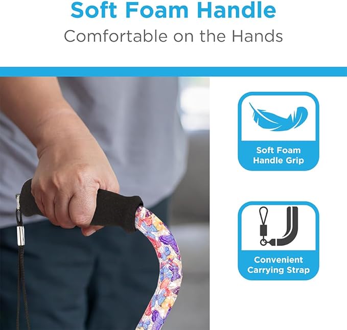 Nova Joy Designer Offset Walking Cane for Seniors - Unisex Adjustable Lightweight Aid with Foam Handle, Wrist Strap and Anti-Rattle Lock - Essential Mobility Support - Butterfly Symphony