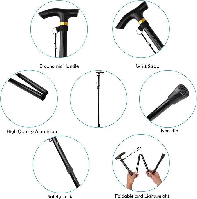 Folding Lightweight Walking Stick - Adjustable Aluminum Metal Collapsible Travel Cane with Non-Slip Rubber Base