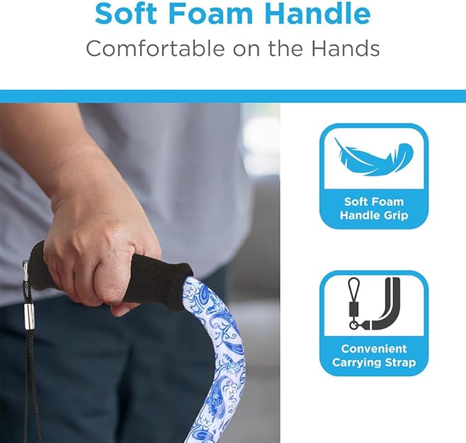 Nova Joy Designer Offset Walking Cane for Seniors - Unisex Adjustable Lightweight Aid with Foam Handle, Wrist Strap and Anti-Rattle Lock - Essential Mobility Support - Blue Porcelain