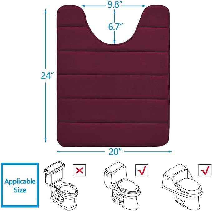 Buganda Memory Foam U-Shaped Contour Toilet Rugs, Non Slip Absorbent, Thick Soft Washable Bathroom Mat, Floor Carpet Bath Rugs Mat for Toilet Base (24" x 20", Burgundy)