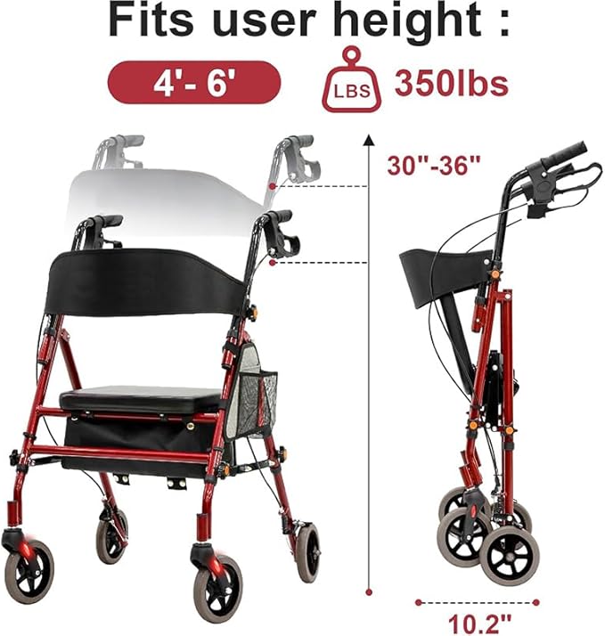 Lightweight Foldable Rollator Walkers with Seat for Seniors, 350 lb Capacity, 5-Position Adjustable Height, Premium Hybrid Rolling Walker - Aluminum and Carbon Steel (Red)