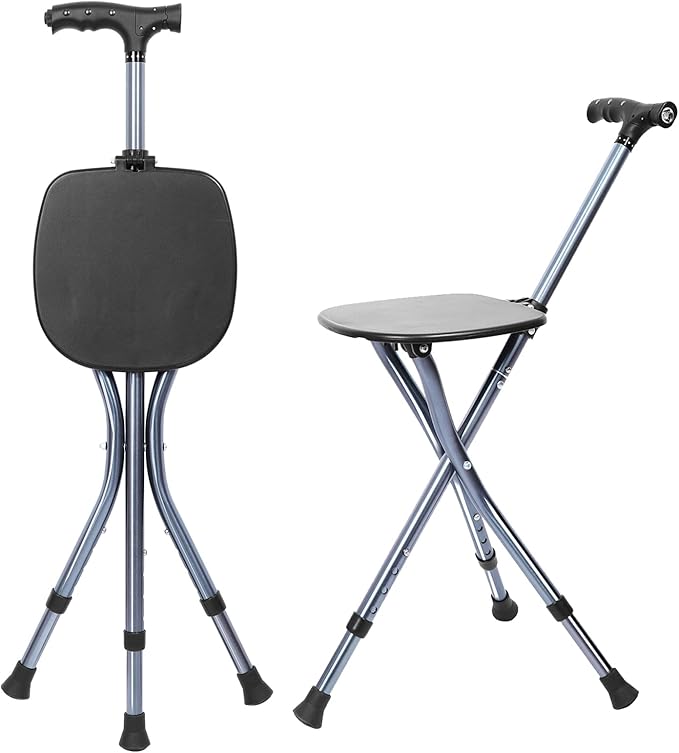 Portable Adjustable Folding Walking Cane with Seat ，Cane seat for Seniors with Magnetic Massage Handle, Supports up to 330 Pounds