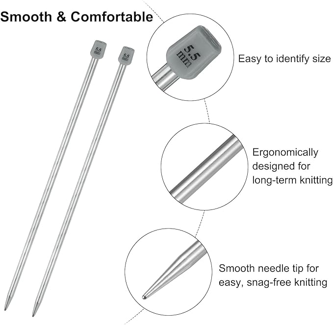 uxcell 2Pcs 5.5mm(I) Single Pointed Knitting Needles Stainless Steel 9.84 Inches Length Metal Weaving Tool for Handmade Projects DIY Knitting