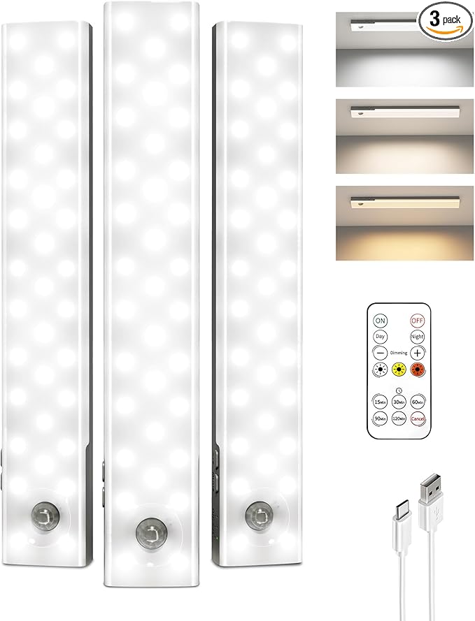 EZVALO 3-Pack Under Cabinet Lighting, 2000mAh Rechargeable Wireless Motion Sensor Lights, 62LEDs, 3 Color Temps, Dimmable, Timer, Magnetic, with Remote Control for Kitchen, Closet, Stair