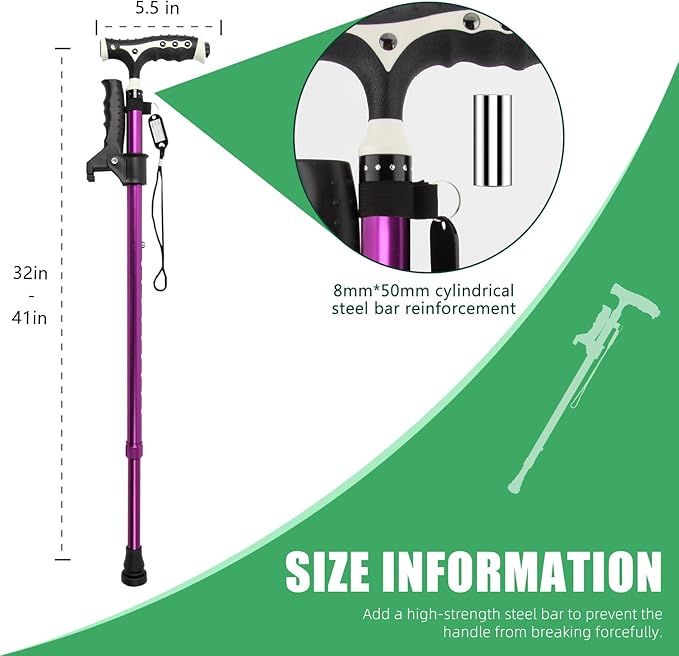 Hold 440 Lbs Walking Cane for Men & Women Aluminum Alloy Lightweight Height Adjustable Walking Stick Heavy Duty Foldbale Free Standing Cane with LED for Seniors Adults