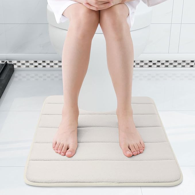 Buganda Memory Foam U-Shaped Contour Toilet Rugs, Non Slip Absorbent, Thick Soft Washable Bathroom Mat, Floor Carpet Bath Rugs Mat for Toilet Base (24" x 20", Cream)