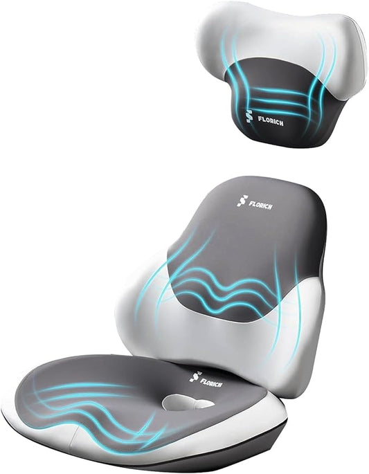 FLORICH Seat Cushion with Lumbar Support Pillow and Car Neck Headrest Pillow Kit for Office Chair, Memory Foem Sciatica Tailbone Hip Lower Back Pain Pressure Relief Butt Pads for Long Sitting Driving