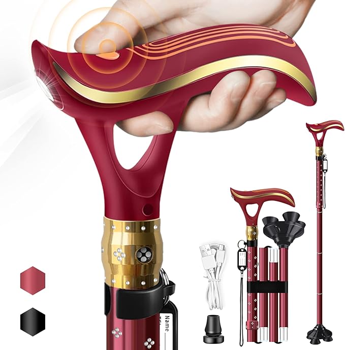 Folding Cane, Smart Alarm Foldable Cane with Light, Fashion Walking Cane for Women&Men, Adjustable Canes for Seniors, USB Direct Charging, Lightweight and Portable