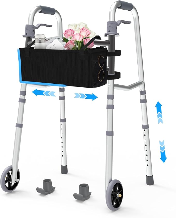 Folding Walkers for Seniors, Adjustable Width & Height, Standard Walkers with Basket, 2 Skis, 5” Front Wheels, Lightweight Walkers for Elderly & Disabled, Thickened Aluminum Adult Walker