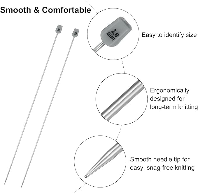 uxcell 2Pcs 2mm(B) Single Pointed Knitting Needles Stainless Steel 13.8 Inches Length Metal Weaving Tool for Handmade Projects DIY Knitting