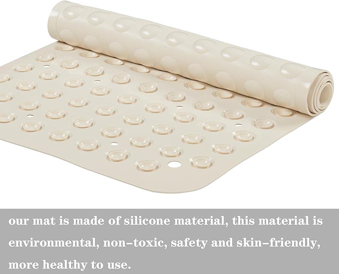 YANZIFLY Bathtub Mat for Shower: Soft Silicone Bath Mat Non Slip with Suction Cups Tub Mat for Bathroom for Family Extra Large Shower matt Machine Washable - Beige