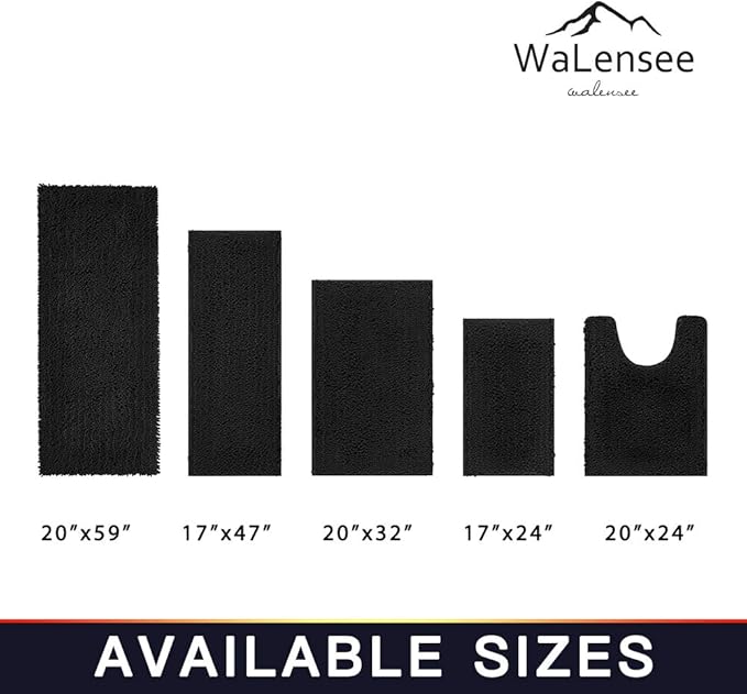 Walensee Bathroom Contour Rug Non Slip Toilet U Shaped Bath Mat (20x24, Black) Water Absorbent Super Soft Shaggy Chenille Machine Washable Dry Extra Thick Perfect Absorbant Best Plush Carpet