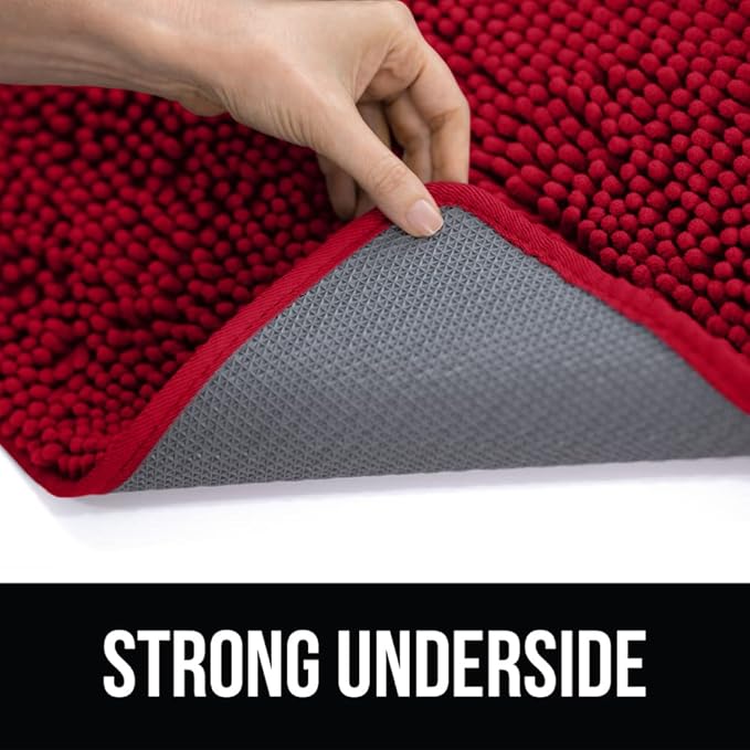 KANGAROO Bathroom Rugs, Chenille Soft Absorbent Bath Rug, Shaggy Shower Mat, Quick Dry Machine Wash Bathmat, Plush Carpet Mats for Tub, Bathtub and Room Home Decor Accessories, 24x17, Red