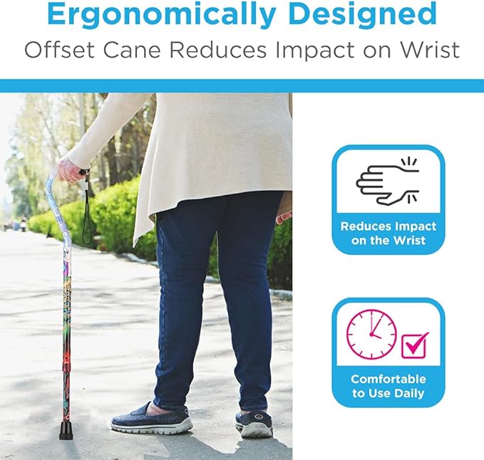 Nova Joy Designer Offset Walking Cane for Seniors - Unisex Adjustable Lightweight Aid with Foam Handle, Wrist Strap and Anti-Rattle Lock - Essential Mobility Support - Proud Peacock