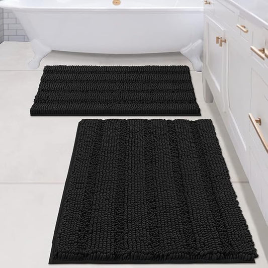 H.VERSAILTEX 2 Piece Bathroom Set - Super Absorbent Chenille Striped Bath Mats - Non Skid Machine Wash Dry Rugs for Bathroom Floor (Black, 24 x 36 Plus 20 x 32 - Inches)