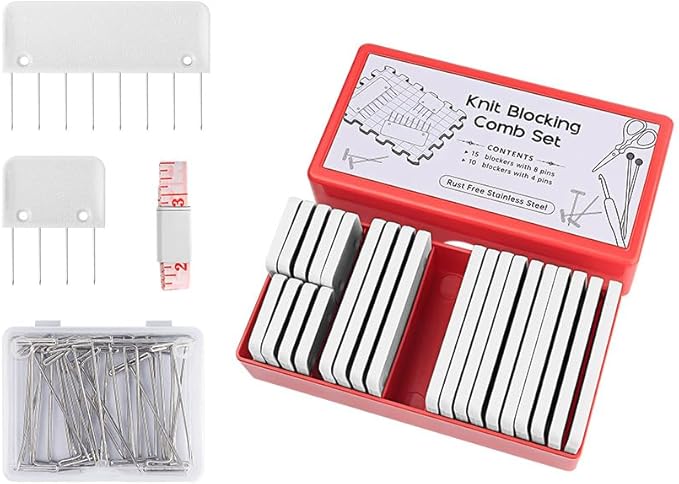 Mevome 25pcs Knit Blocking Pins Kit, White Blockers Combs 100 T-pins & Ruler for Knitting Crochet Projects Lace Needlework Block Tool for Blocking Mats Boards Accessories Device (White)