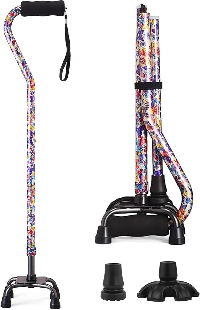 Walking Cane for Women & Men, Adjustable Quad Cane with 4-Prong Base for Stability and Balance, Folding Aluminum Walking Stick for Seniors