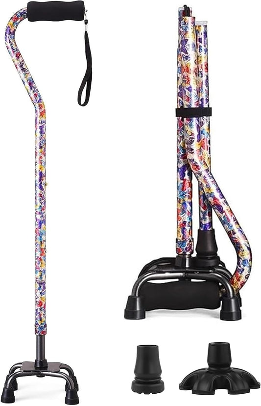 Walking Cane for Women & Men, Adjustable Quad Cane with 4-Prong Base for Stability and Balance, Folding Aluminum Walking Stick for Seniors