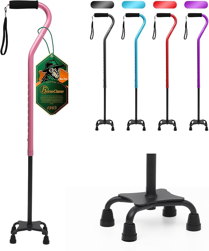 BeneCane Quad Cane Adjustable Walking Cane with Offset Soft Cushioned Handle for Men & Women Lightweight Comfortable with 4-Pronged feet for Extra Stability