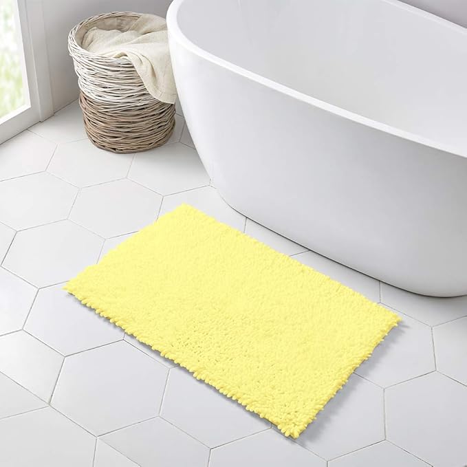 Walensee Bathroom Rug Non Slip Bath Mat (32x20 Inch Yellow) Water Absorbent Super Soft Shaggy Chenille Machine Washable Dry Extra Thick Perfect Absorbant Best Large Plush Carpet for Shower Floor