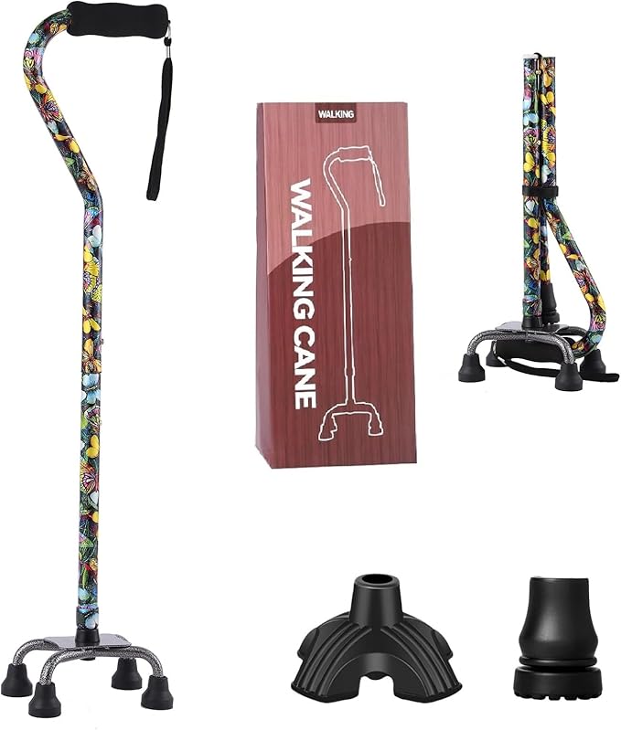 Walking Cane for Women & Men, Adjustable Quad Cane with 4-Prong Base for Stability and Balance, Folding Aluminum Walking Stick for Seniors