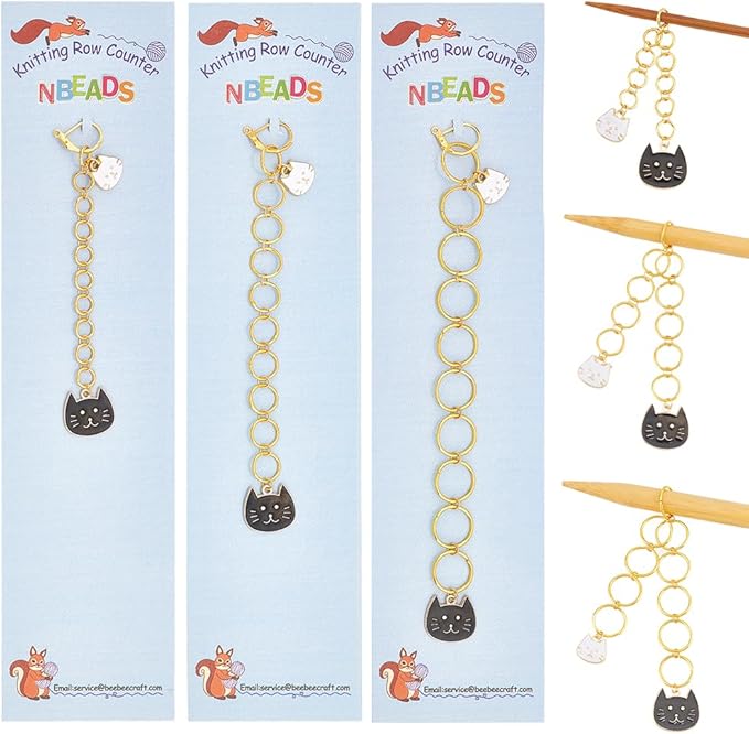 NBEADS 3 Pcs 3 Sizes Cat Charm Knitting Row Counter Chains, Alloy Enamel Charm Row Counter Chains with Brass Ring for Knitting Crochet Tracking Project Progress