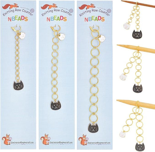 NBEADS 3 Pcs 3 Sizes Cat Charm Knitting Row Counter Chains, Alloy Enamel Charm Row Counter Chains with Brass Ring for Knitting Crochet Tracking Project Progress