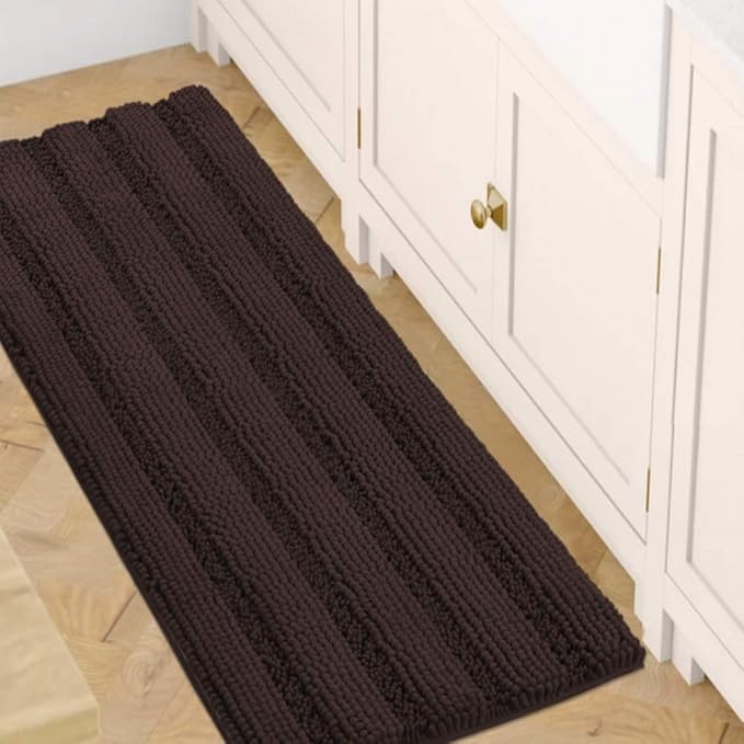 H.VERSAILTEX Bath Rugs for Bathroom Non Slip Bath Mats Extra Thick Chenille Striped Bath Rug Runners 47" x 17" Absorbent Fluffy Soft Shaggy Mats Dry Fast Plush Area Carpet for Bath Room - Chocolate