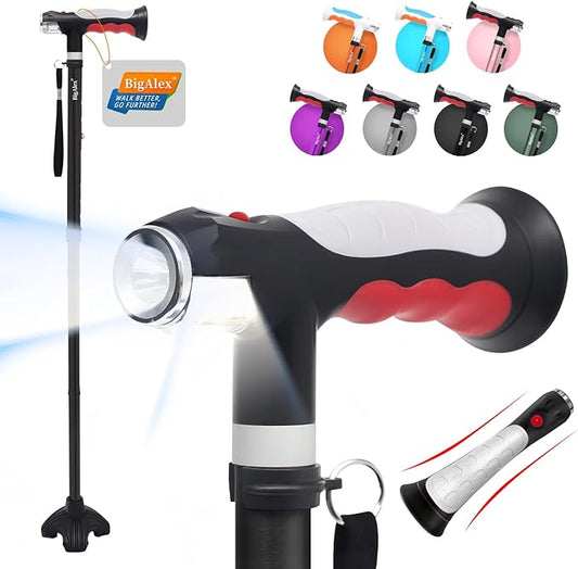 BigAlex Folding Walking Cane with Two Led Lights for Elderly Solid Base Adjustable Walking Stick with Carrying Bag for Men Women