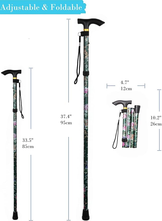 Folding Lightweight Walking Stick - Adjustable Aluminum Metal Collapsible Travel Cane with Non-Slip Rubber Base