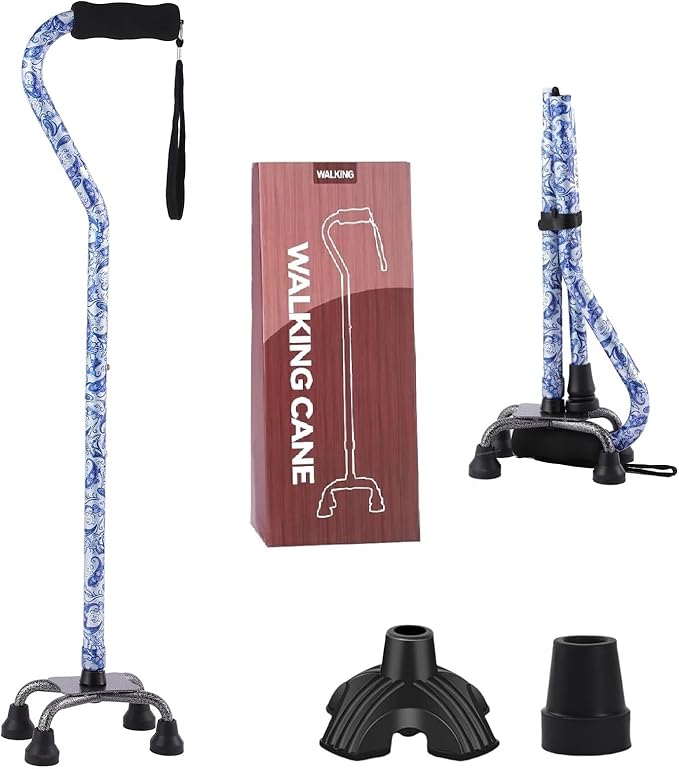 Walking Cane for Women & Men, Adjustable Quad Cane with 4-Prong Base for Stability and Balance, Folding Aluminum Walking Stick for Seniors