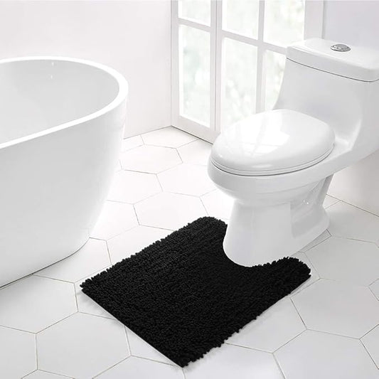 Walensee Bathroom Contour Rug Non Slip Toilet U Shaped Bath Mat (20x24, Black) Water Absorbent Super Soft Shaggy Chenille Machine Washable Dry Extra Thick Perfect Absorbant Best Plush Carpet