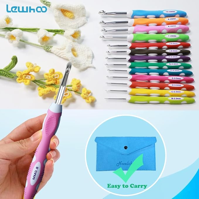 Lewhoo Ergonomic Crochet Hooks Set with Case, 13 Size Crochet Hooks for Arthritic Hands 2.0mm -10.0mm (B-N)