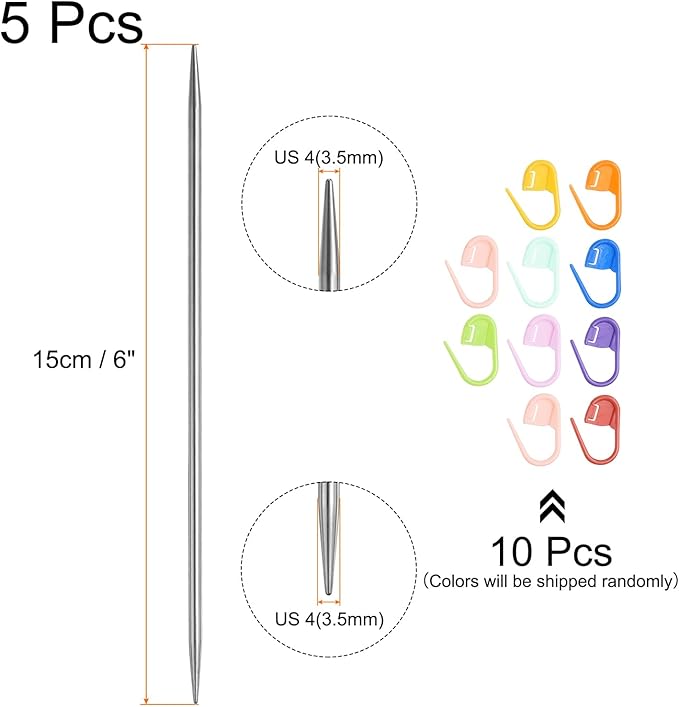 uxcell 5Pcs Knitting Needle Size US 4(3.5mm) 6 Inches (15cm) Length Stainless Steel Double Pointed Sweater Stitching Needles with 10 Colorful Stitch Markers for Handmade Projects DIY